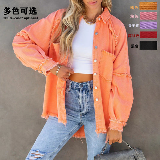 Factory Direct 2025 Fall Europe and America Long Sleeve Denim Jacket Women's Washed Raw Trim Midi Loose Jacket In Stock