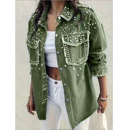 Diamond Pearl Women's Plus Size Diamond Pearl Embellished Denim Top Washed Denim Jacket Green
