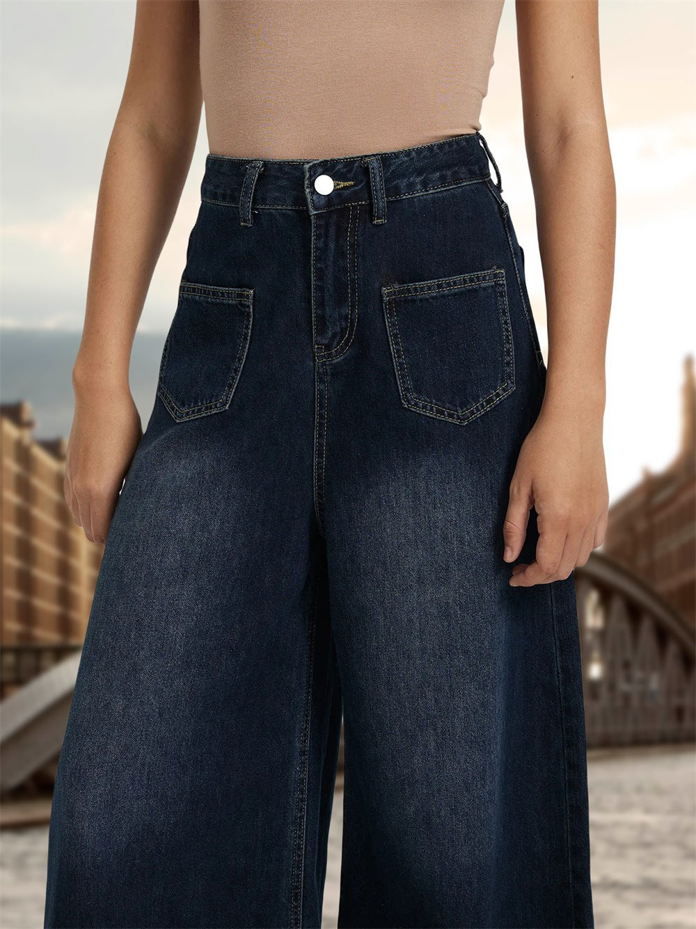 Independent Station European and American Foreign Trade Denim Women's Fashion Drape Loose High-Waist Wide-Leg Jeans for Women