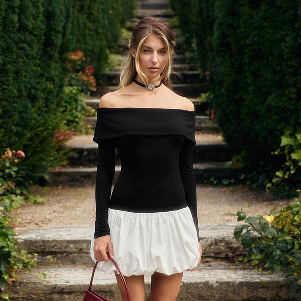 Cross-border European and American women's autumn and winter new black and white stitching sexy one-shoulder, long-sleeved slim short bubble dress | Ciaura
