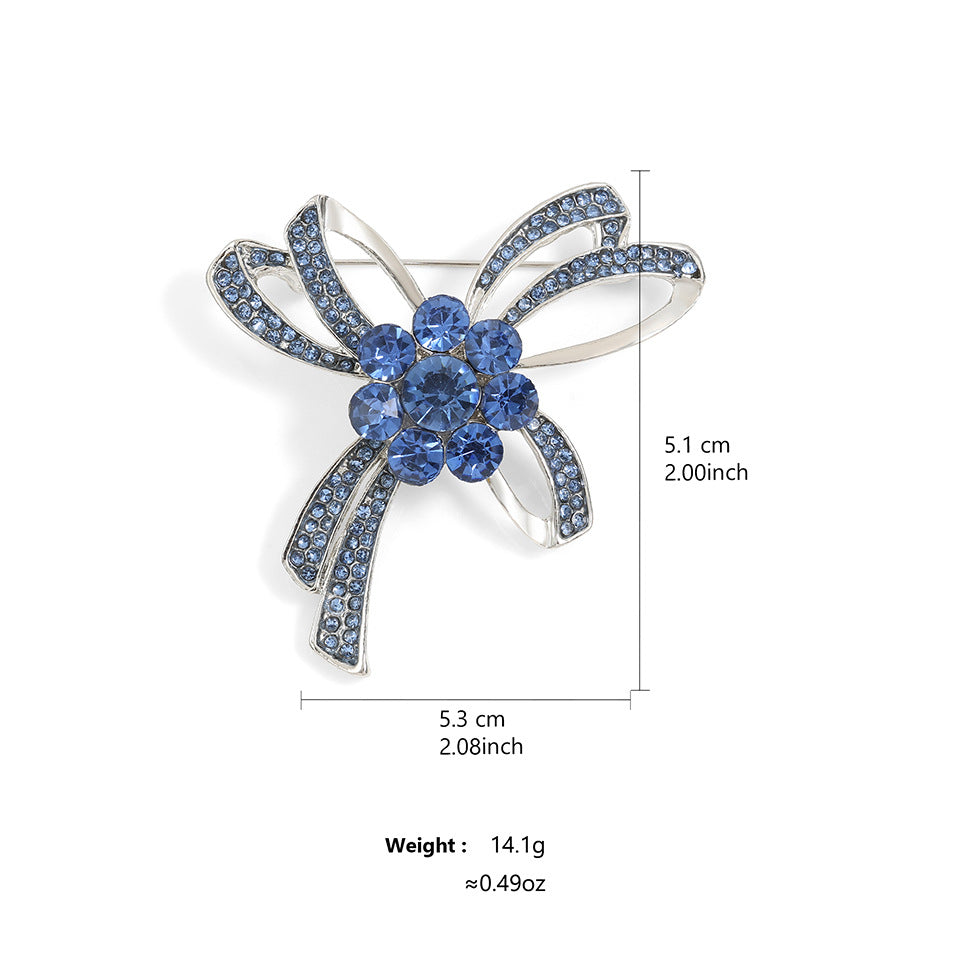 Fashionable Austrian blue crystal simple alloy bow brooch, high-end collar pin, silk scarf, fastener, garment decoration, corsage
