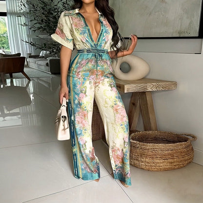 2025 new cross-border Amazon European and American fashion elegant style long short-sleeved printed jumpsuit