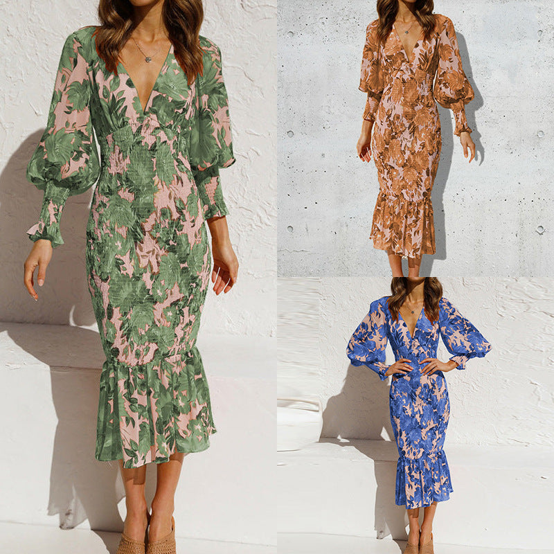 European and American women's clothing Amazon foreign trade new V-neck fashion sexy slim temperament long sleeve spring dress women's 661