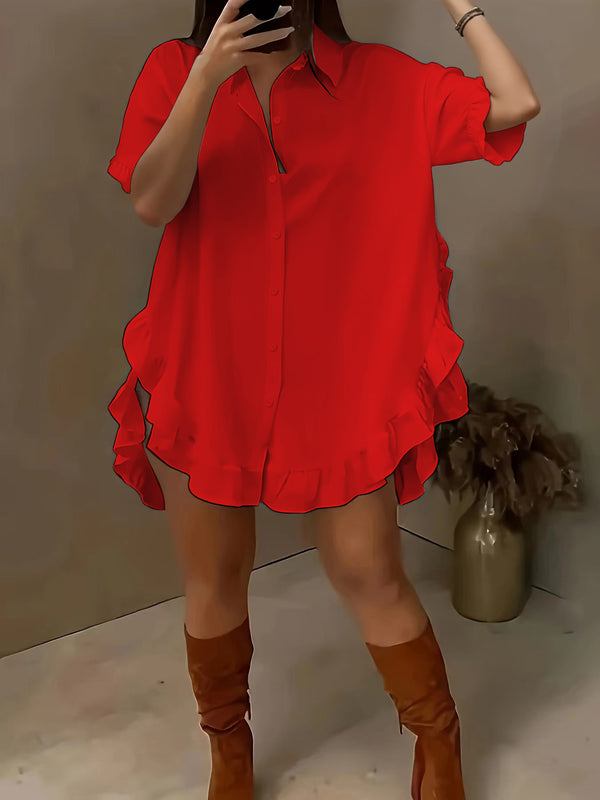 Short-sleeve cross-border foreign trade O-size women's clothing, solid color loose pleated ruffles, loose hem shirt, casual shirt