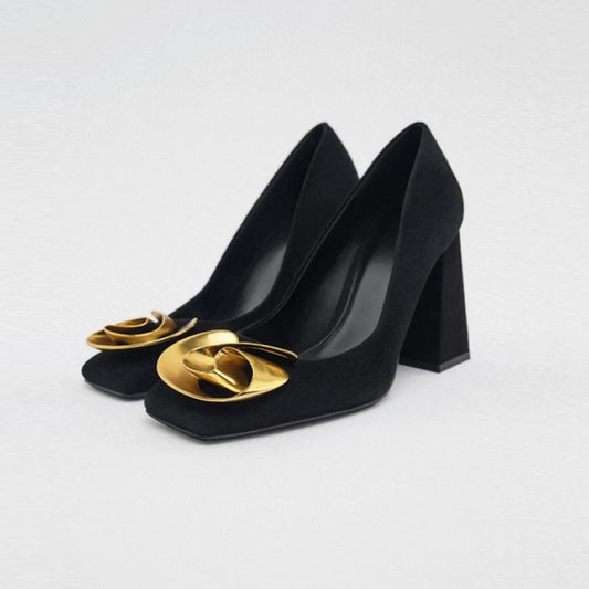 ZA2025 outono Preto Metálico Flor Enfeitada Ovelha Back-heeled Shoes Square Toe Thick Heel Versátil Casual Shoes Mulheres