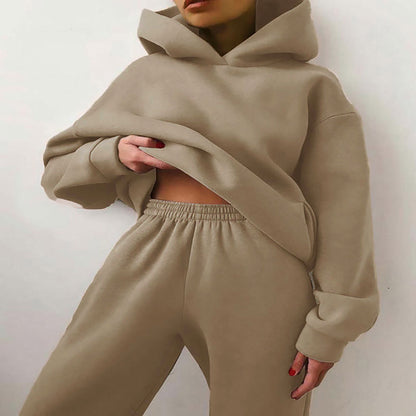 2026 spring new cross-border European and American clothing solid color hooded sweatshirt trousers street fashion casual two-piece set