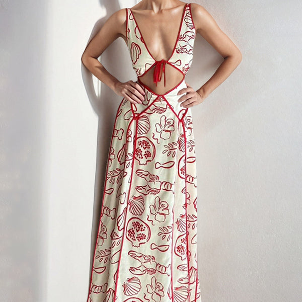 2026 spring new cross-border Amazon European and American women's temperament sexy backless openwork print strappy dress