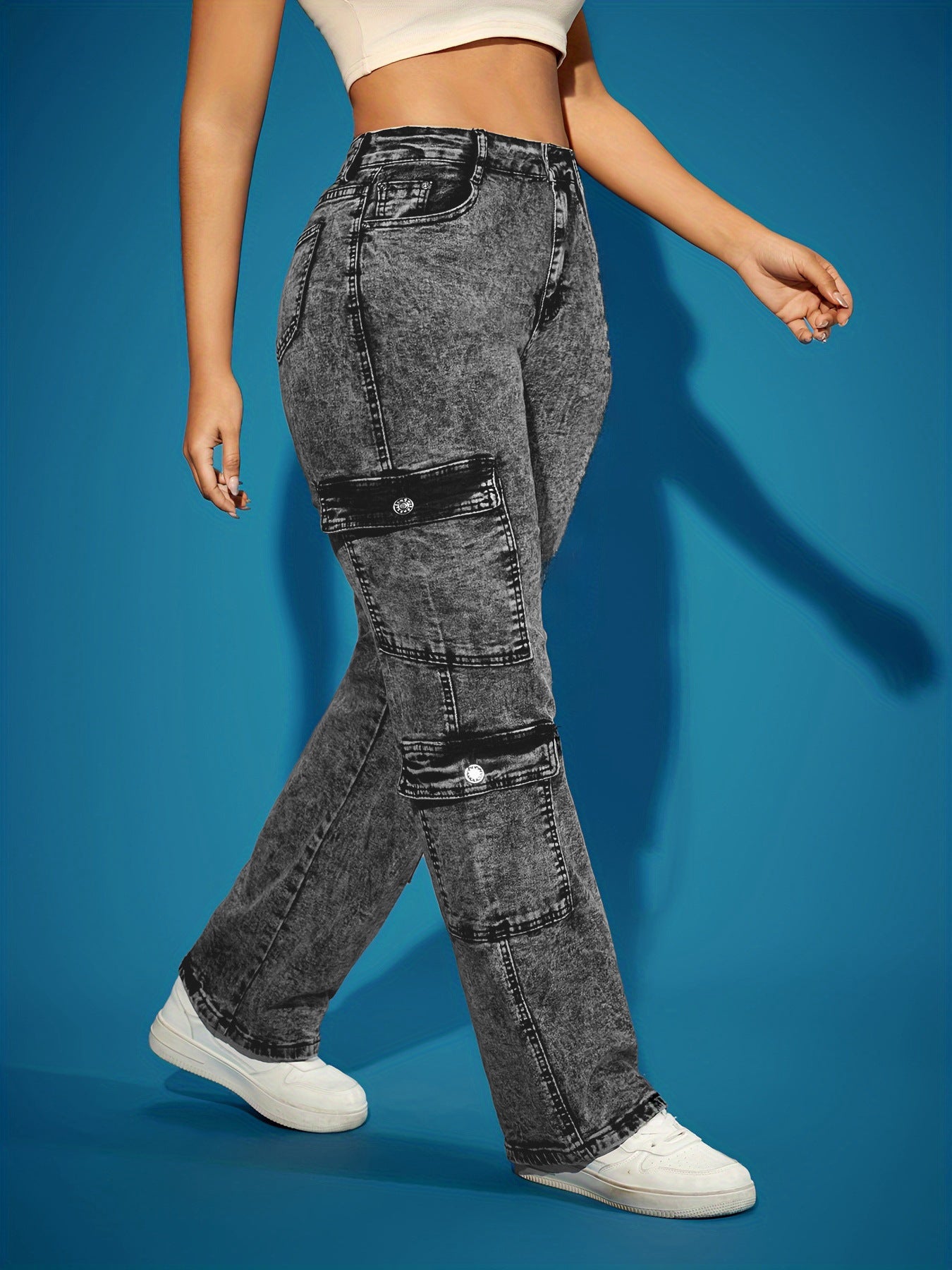 European and American cross-border women's fashion high-elastic multi-pocket cargo pants cross-border denim trousers Amazon popular jeans