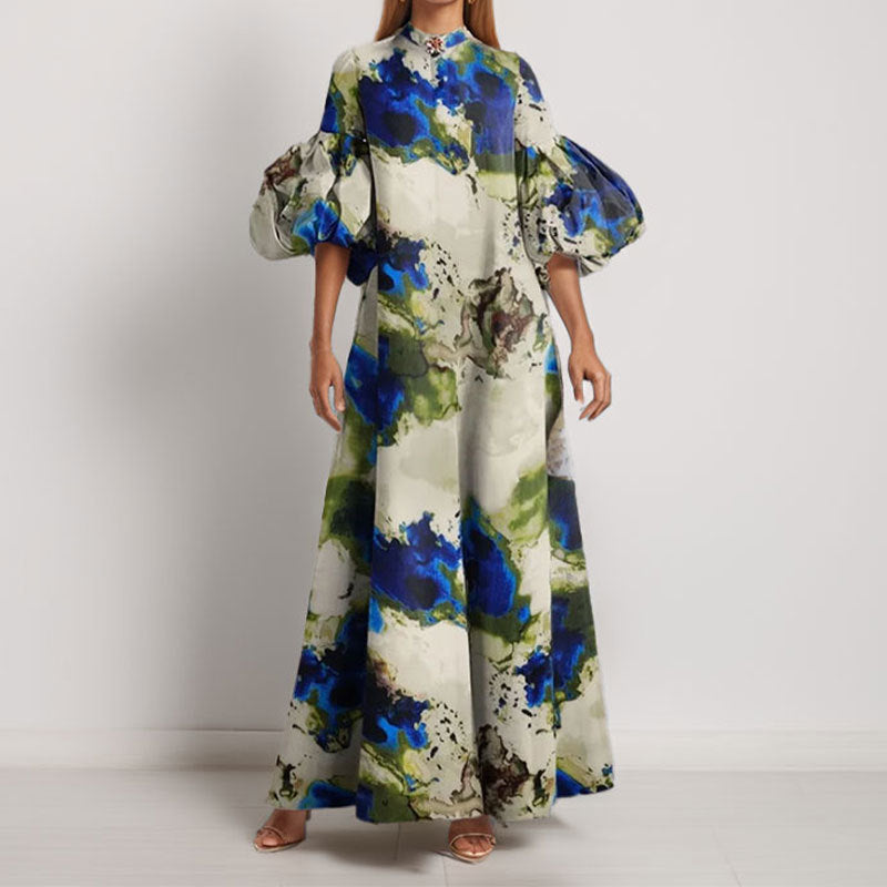 2026 spring new cross-border European and beautiful women's clothing elegant plant print puff sleeve dress for women