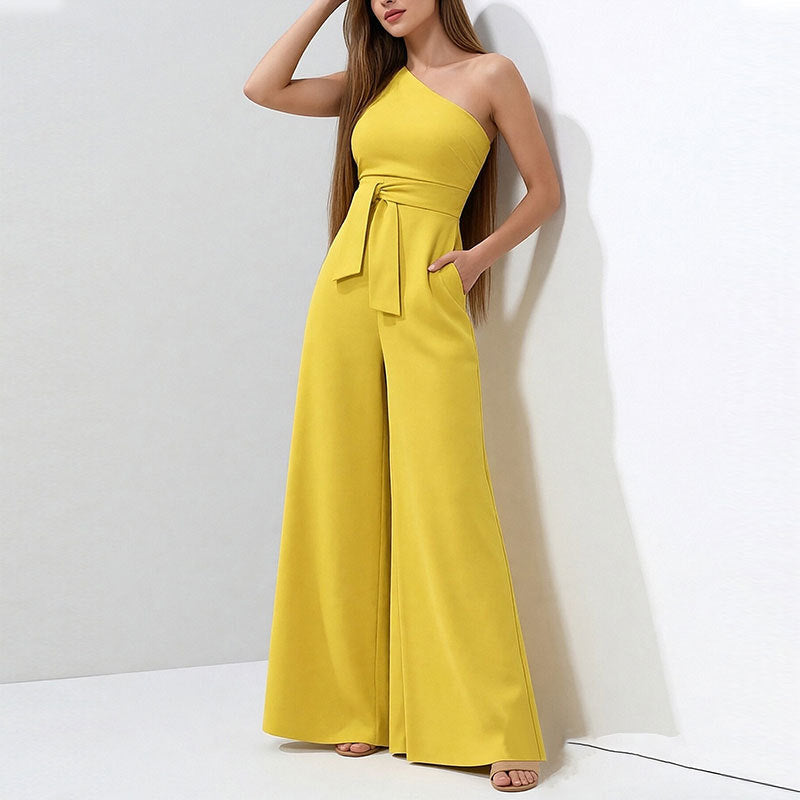 Cross-border foreign trade European and American clothing 2026 new solid color cross-collar off-shoulder lace-up high-waisted wide-leg European and American jumpsuit for women