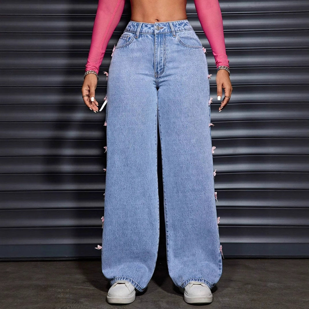 Cross-border foreign trade new design butterfly ins style jeans wide-leg wash high-waisted straight-leg trousers women's JEANS