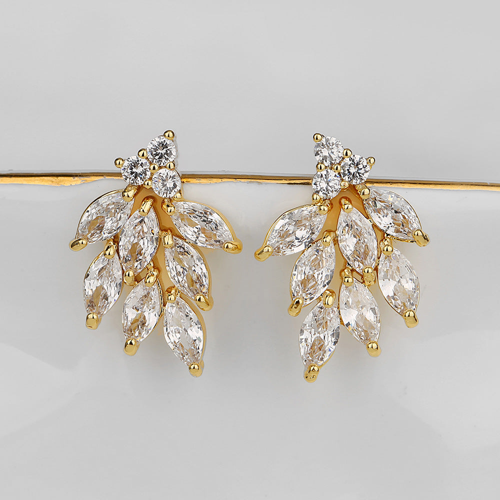 Cross-border bestseller: tassel zircon earrings, leaf-shaped studs, light luxury high-end earrings, European and American style foreign trade accessories