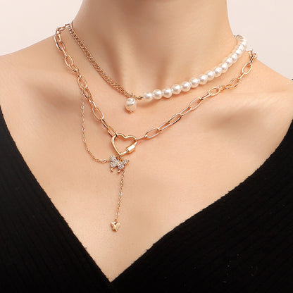 Pastoral Retro Geometric Love Butterfly Combo Necklace European and American French elegant imitation pearl beaded chain necklace