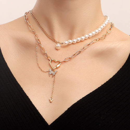 Pastoral Retro Geometric Love Butterfly Combo Necklace European and American French elegant imitation pearl beaded chain necklace