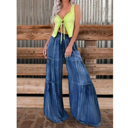 Retro-style layered spliced denim wide-leg pants women's high-waisted, elasticated waist, large flared drape, floor-length casual trousers