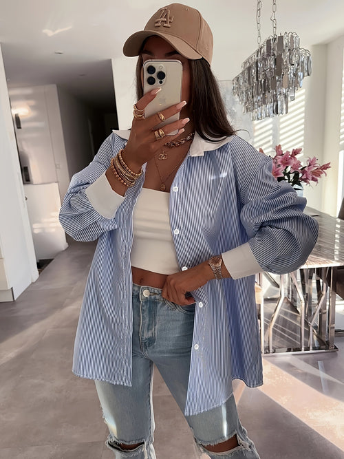 Cross-border European and American new fashionable casual plus-size women's clothing, long-sleeve striped lapel plus-size shirts