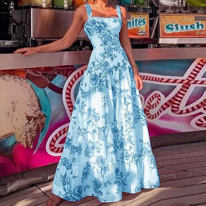 Amazon spring European and American dress new temperament print long large skirt waist slip dress 661