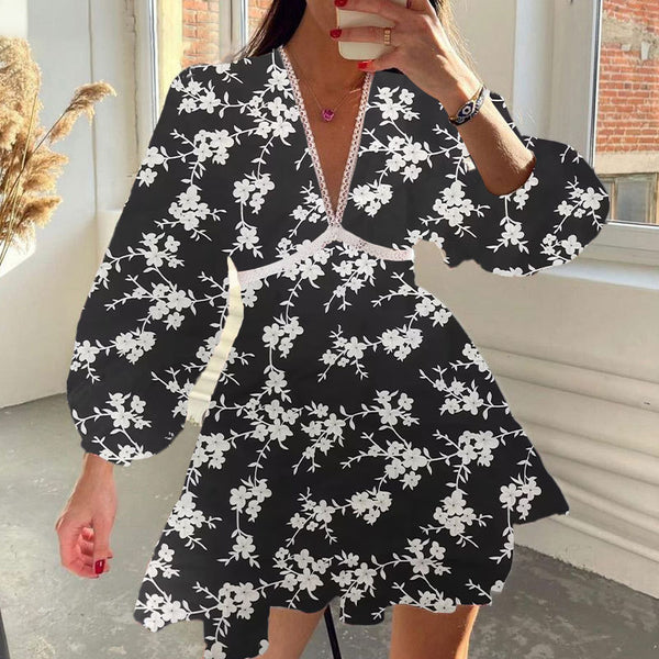 2026 Amazon European and American Clothing Temperament Sweet Floral High Waist Slim V-Neck Short Long Sleeve European and American Dress