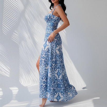 Amazon 2026 cross-border new European and American fashion printed suspender V-neck slit sexy European and American dress for women