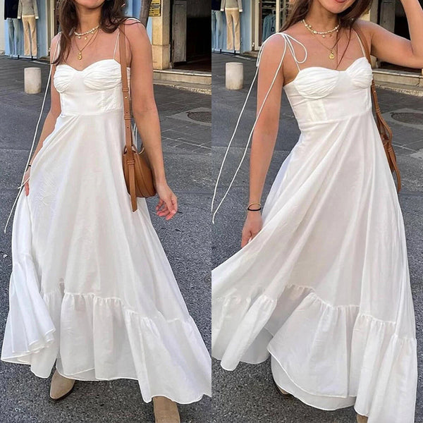 2025 Spring New Amazon European and American Women's Wear Elegant Solid Color High Waist Suspenders Sexy Swing Dress
