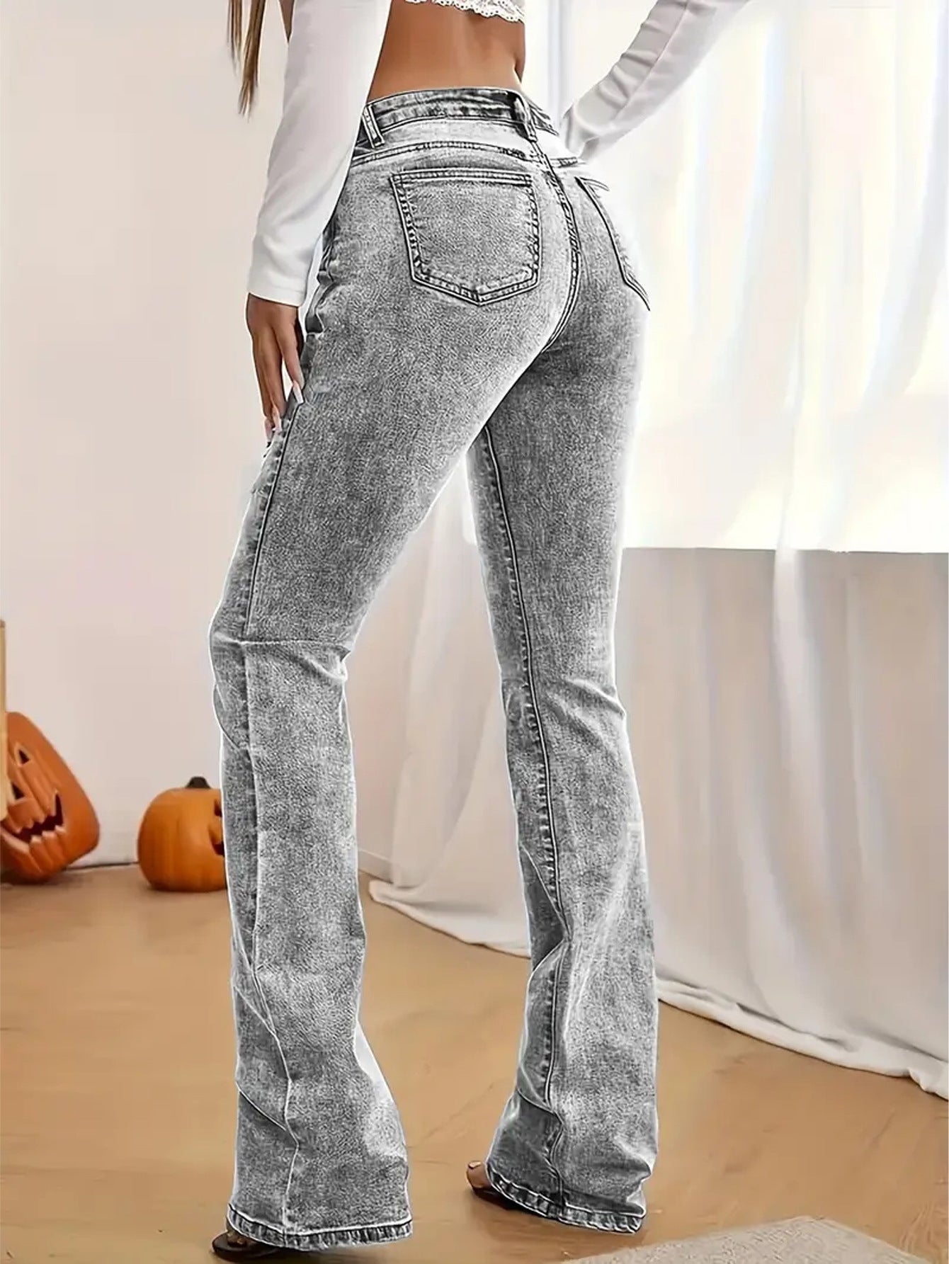 European and American cross-border simple gray jeans washed and versatile slim slimming stretch denim trousers JEANS
