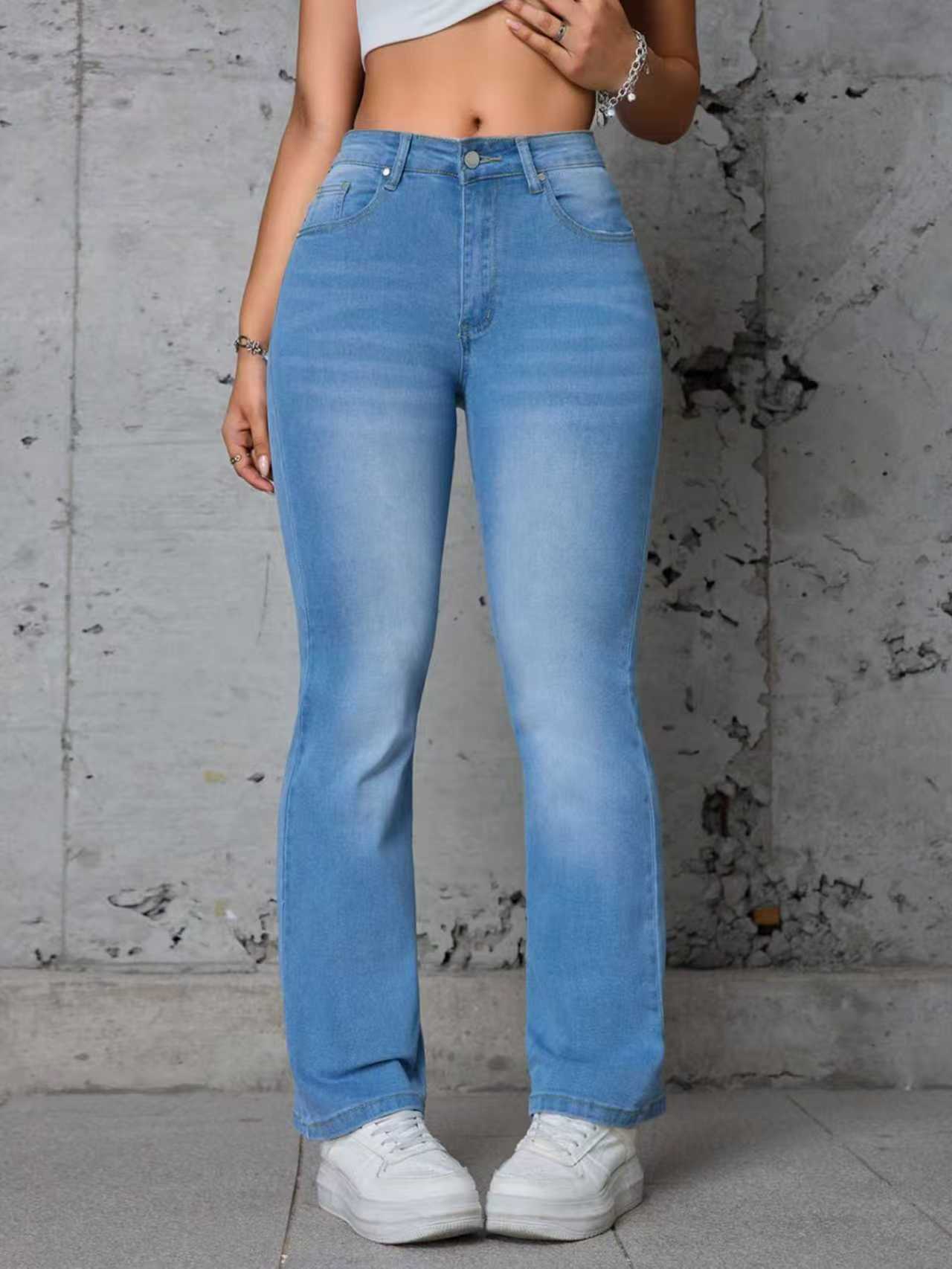 European and American foreign trade cross-border women's jeans blue washed classic stretch small straight denim trousers JEANS