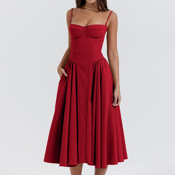 2025 cross-border independent station European and beautiful women's clothing, French elegant retro style, solid color slip dress, large swing dress woman