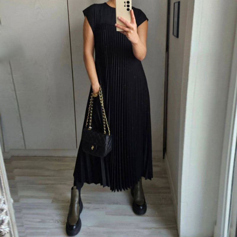2025 New Amazon Autumn Cross-border European and American Clothing Elegant and fashionable crew neck sleeveless pleated maxi dress