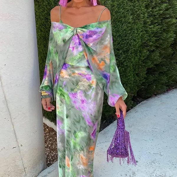 2026 spring new European and beautiful clothing temperament sexy one-shoulder tie-dye printed suspender shawl fashion suit for women - view 2 | Ciaura
