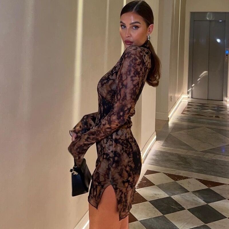 Foreign Trade Europe and America 2023 New Autumn Long Sleeve Dress Women's Semi-High Neck Print Sexy Slim Slit Hip Skirt