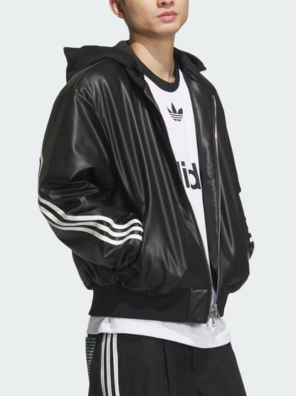Adidas Official Genuine Clover Men's Faux Leather Sports Fashion Hooded Jacket JL7556