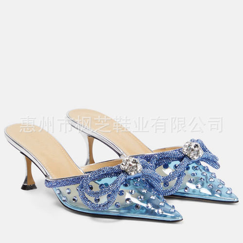 Customized European and American summer pointed toe toe sandals for women's outerwear, versatile stiletto heels, high heels, half slippers, transparent super high heels