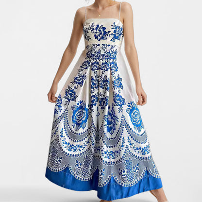 2026 Spring New Dresses European and American Sleeveless Collarless High Waist Printed Women's Large Swing Slip Dress