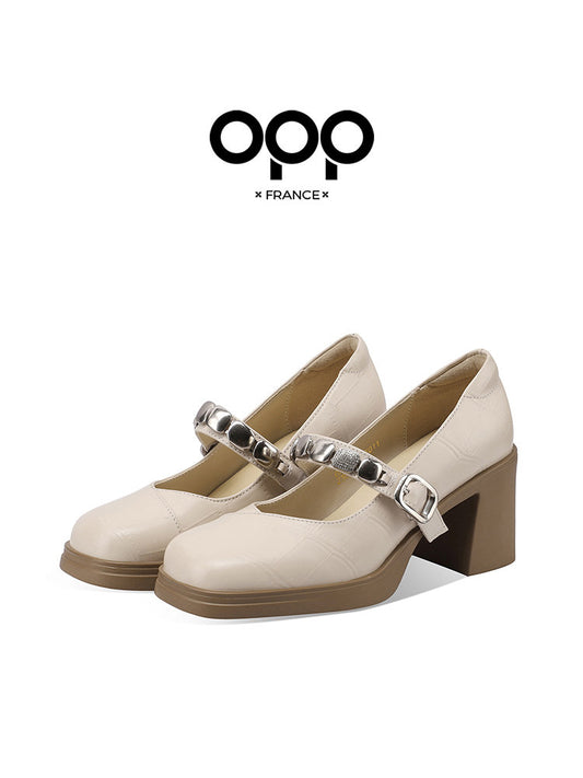 OPP leather shoes women's 2025 spring and autumn new leather shoes, Mary Jane shoes, casual low-heeled and high-heeled beanie loafers
