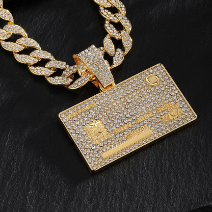 European and American hip hop full diamond domineering hang tag pendant necklace men's trend personality street wear Cuban chain necklace