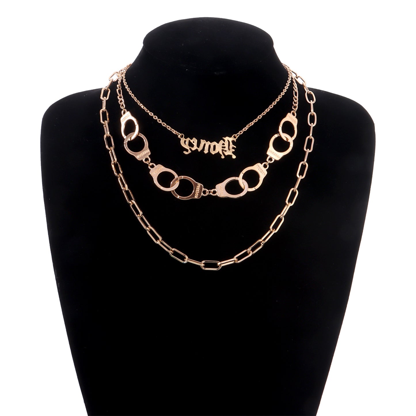 European and American cross-border jewelry, fashion English letters, handcuffs, pendants, necklaces, women, multi-layered punk exaggerated trend necklaces