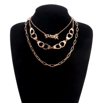 European and American cross-border jewelry, fashion English letters, handcuffs, pendants, necklaces, women, multi-layered punk exaggerated trend necklaces