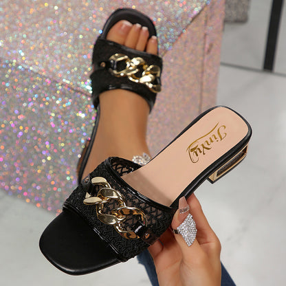 European and American cross-border foreign trade wholesale high-heeled sandals for women, elegant chain decorative buckle square-toe sandals