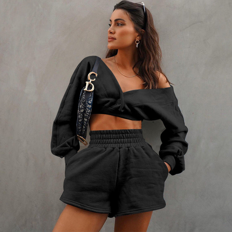 European and American ins style long-sleeved sweatshirt set 2021 autumn new design sense V sports and casual two-piece set for women