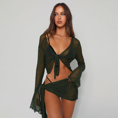 European and American women's summer new beach cover-up sexy see-through strappy long-sleeved top semi-casual skirt set