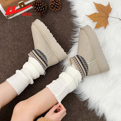 Warrior women's snow boots, 2025 new winter fleece-lined thickened warm cotton shoes, thick-soled fashionable cute board shoes