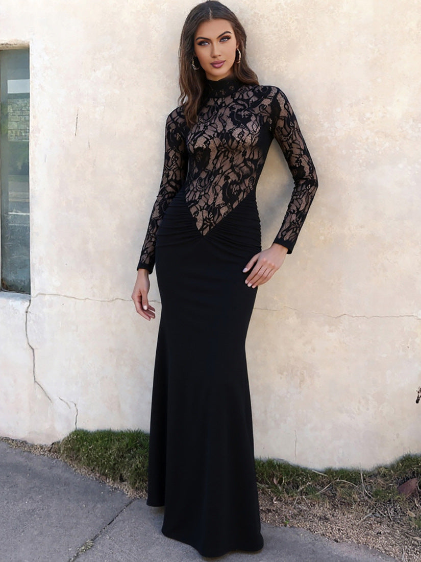 Foreign trade autumn and winter new women's clothing European and American style sexy hollow see-through lace spliced long sleeve slim hip wrap dress