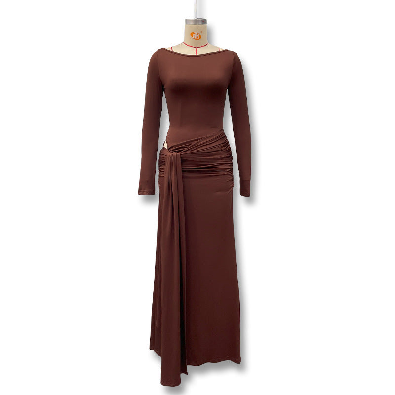Cross-border European and American women's autumn and winter new solid color crew neck long sleeve sexy waist twisted strap hip wrap dress for women