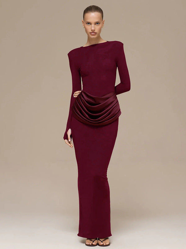 Cross-border autumn and winter new European and beautiful clothing temperament celebrity style solid color long sleeve slim pleated hip wrap dress for women