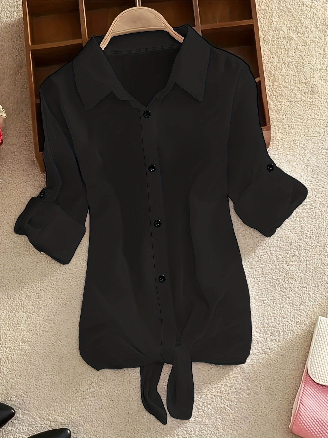 Cross-border European and American solid color shirt, long sleeve, lapel casual button, women's business style shirt