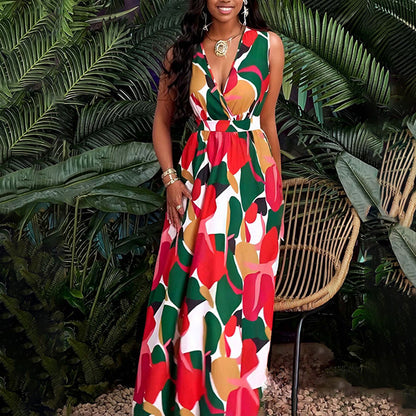 2026 Amazon cross-border new European and American women's clothing temperament is elegant and fashionable, sexy printed sleeveless V-neck dress