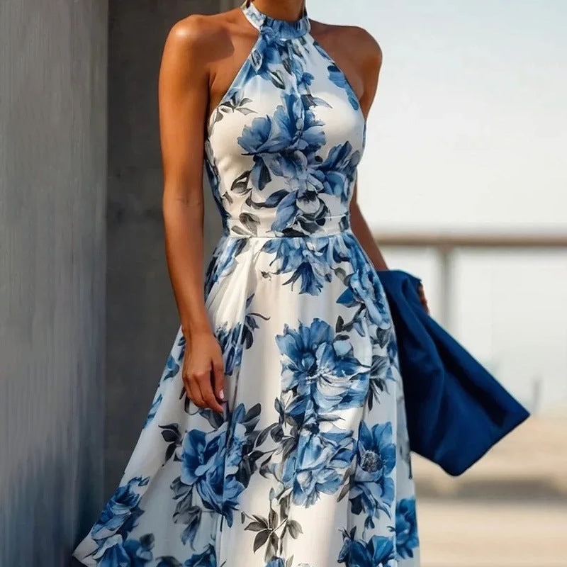 Spring 2026 Amazon's new cross-border European and American clothing temperament is elegant and sexy printed long swing dress