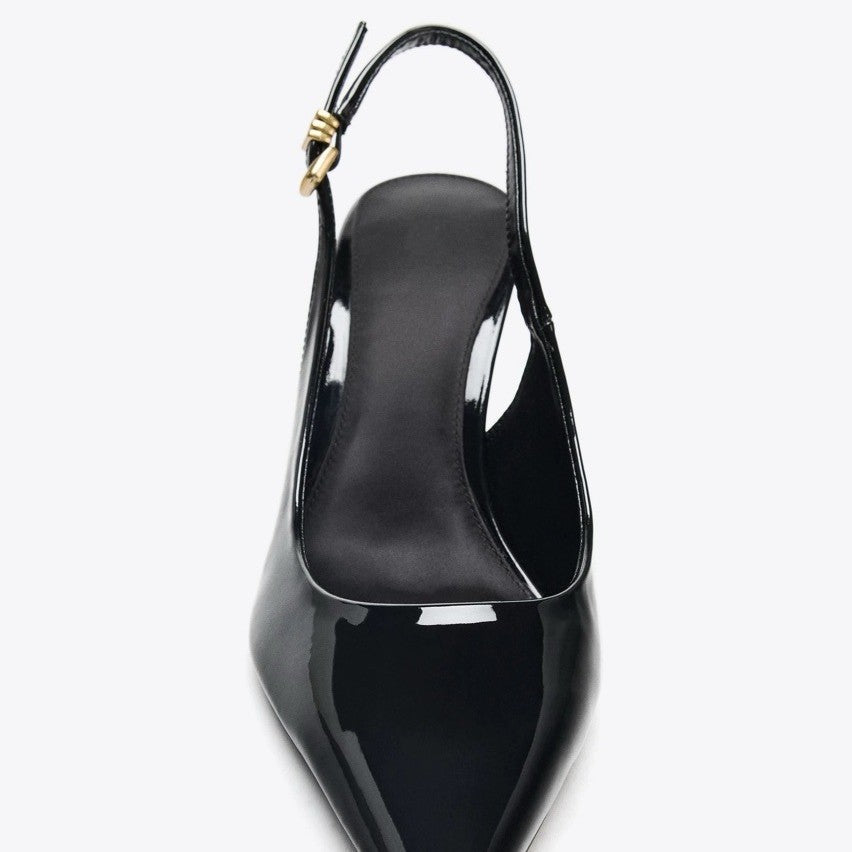 ZA2025 outono Nova fivela de metal preto pontiagudo saltos stiletto versáteis simples pontiagudo sandálias