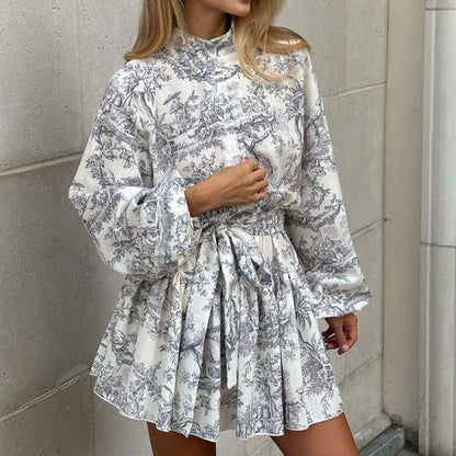 2026 spring new cross-border European and beautiful women's clothing temperament elegant and fashionable printed strap cinched waist short dress