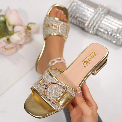 European and American cross-border foreign trade wholesale high-heeled sandals, women's slippers, elegant chain decorative buttons, square-toe sandals